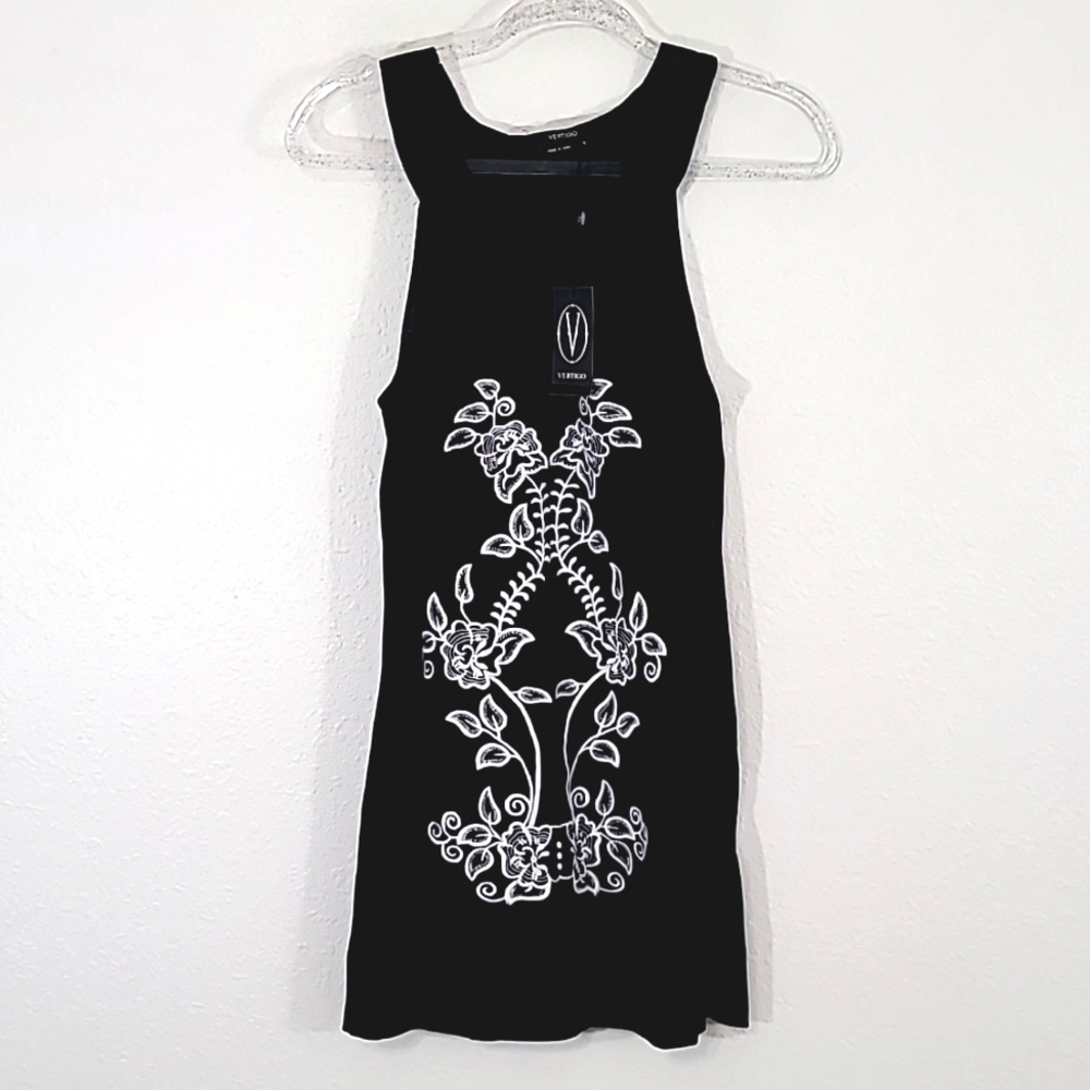 *NWT* VERTIGO Black w/White Embroidery Sleeveless Dress, size Large (runs small)